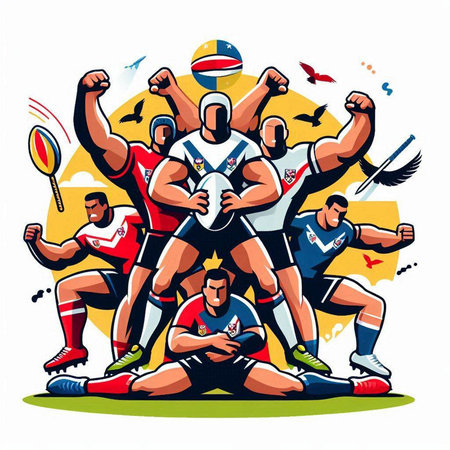 Group of rugby players action cartoon sport graphic vector. Rugby players fight for ballのイラスト素材