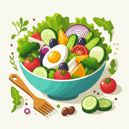 Healthy salad in a bowl with vegetables and fruits. Vector illustration.のイラスト素材