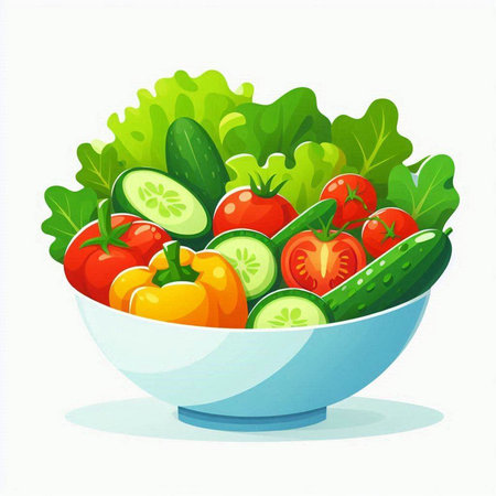 Fresh vegetable salad in a bowl isolated on white background. Vector illustration.のイラスト素材