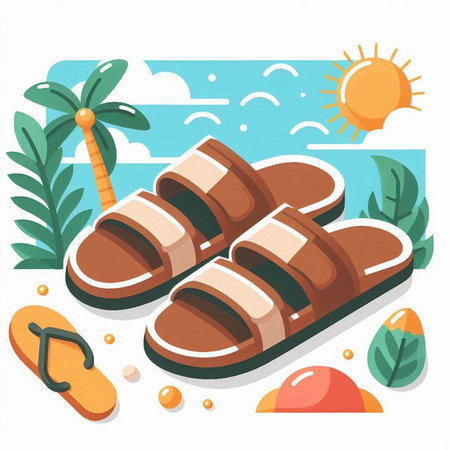 Flat design illustration of slippers on the beach. Summer vacation concept.のイラスト素材