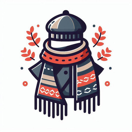 Vector hand drawn illustration of a scarf and hat. Isolated on white background.のイラスト素材