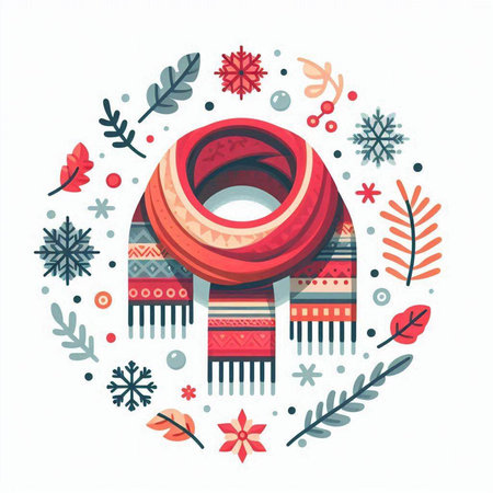 Winter round composition with knitted scarf and snowflakes. Vector illustration.のイラスト素材