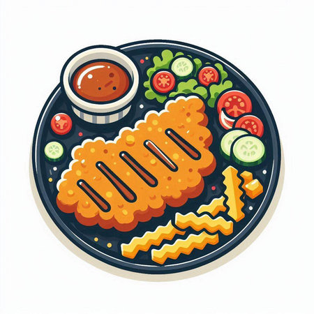 Illustration of fried chicken fillet with vegetables on a plate.のイラスト素材