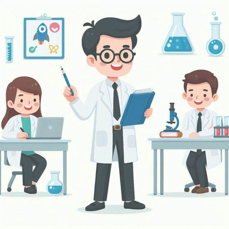 Vector illustration of scientist and students in lab. Cartoon character design.のイラスト素材