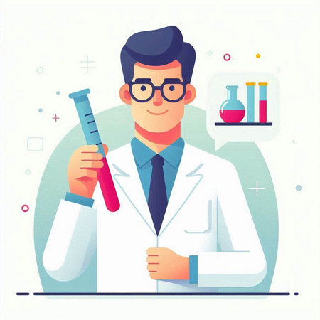 Vector illustration of a male scientist in a lab coat holding a test tube.のイラスト素材