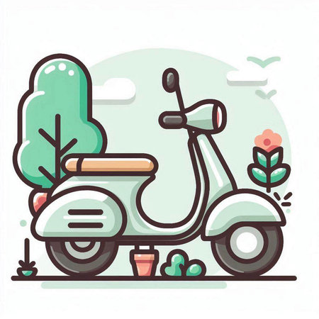 Vintage scooter in the park. Vector illustration in flat styleのイラスト素材