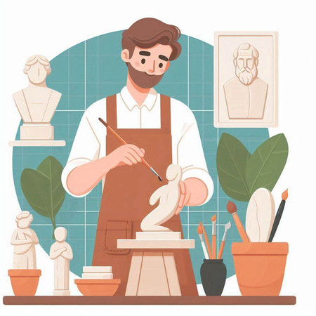 Man sculptor works in a pottery workshop. Vector illustration.のイラスト素材