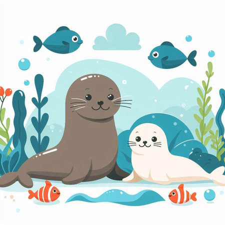 Seals in the sea. Cute cartoon animals. Vector illustration.のイラスト素材