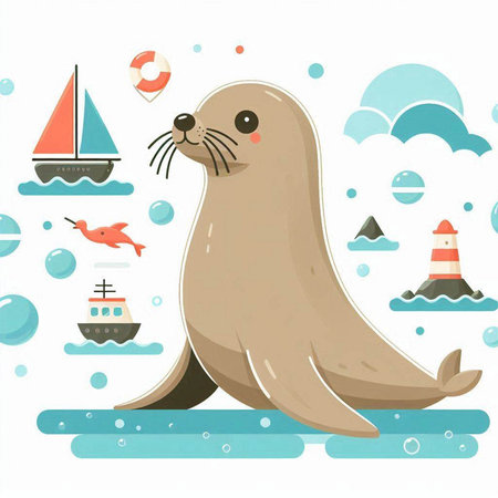 Cute seal on the sea background. Vector illustration in cartoon style.のイラスト素材
