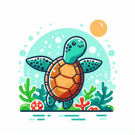 Sea turtle on the seashore. Vector illustration in cartoon styleのイラスト素材
