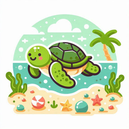 Cute turtle on the seashore. Vector illustration in cartoon styleのイラスト素材