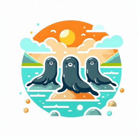 Cute seals on the beach. Vector illustration in flat style.のイラスト素材