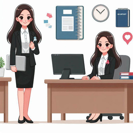 Businesswoman working in office. Vector illustration. Cartoon character design.のイラスト素材