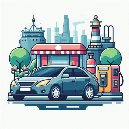 Electric car charging station. Vector illustration in flat style. Gas station and car.のイラスト素材