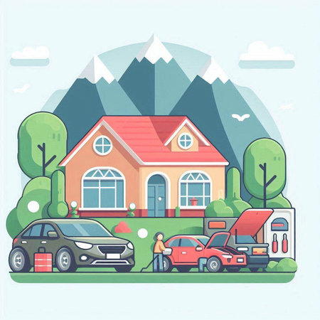 Vector illustration of a house with a car on the background of mountainsのイラスト素材