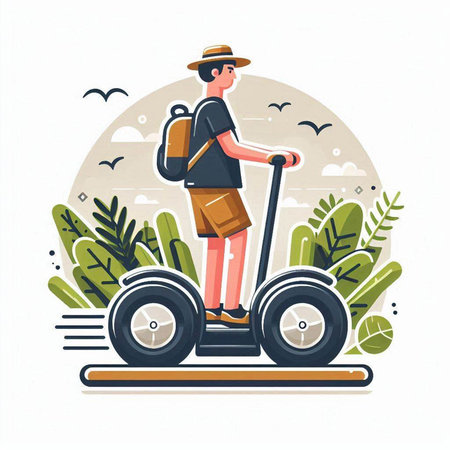 Man riding electric scooter in the park. Vector illustration in flat styleのイラスト素材
