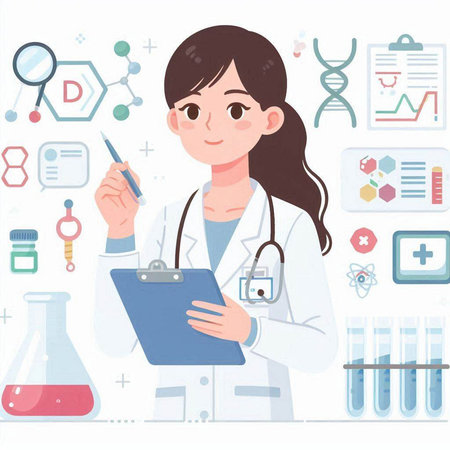 Female doctor writing on clipboard with medical icons in background. Vector illustration.のイラスト素材