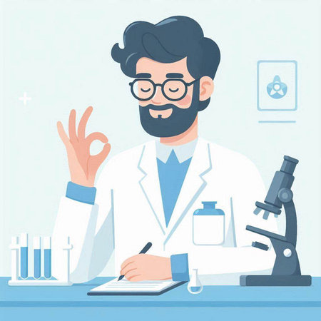 Vector illustration of a male scientist in a laboratory. Flat style design.のイラスト素材