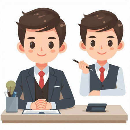 Businessman in suit and tie working at the desk. Vector illustration.のイラスト素材