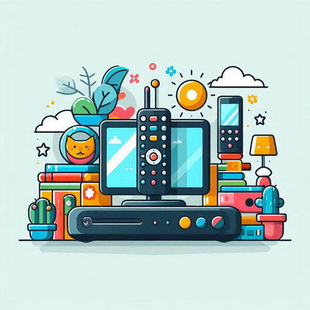 Cartoon vector illustration of modern video game console. Colorful flat line art design concept for web, site, advertising, banner, poster, board and print.のイラスト素材