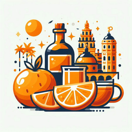 Vector illustration of set of elements for mulled wine, teapot, mandarin, hot drink, old city.のイラスト素材
