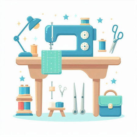 Sewing workshop equipment. Sewing machine, scissors, thread, pins, needles, sewing accessories. Vector flat illustrationのイラスト素材