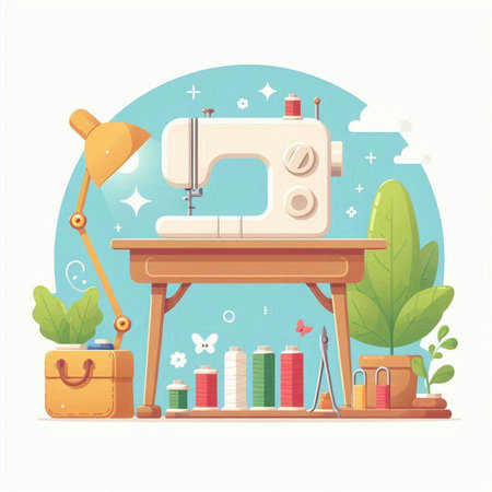Sewing machine and tools. Vector illustration in flat style.のイラスト素材