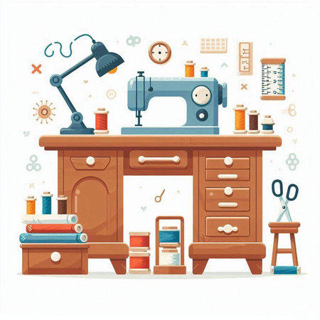 Seamstress workplace with sewing machine, tools and accessories. Vector illustrationのイラスト素材