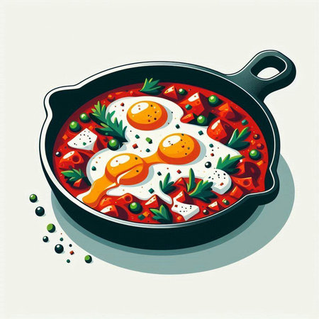 Fried eggs with vegetables in a frying pan. Vector illustration.のイラスト素材