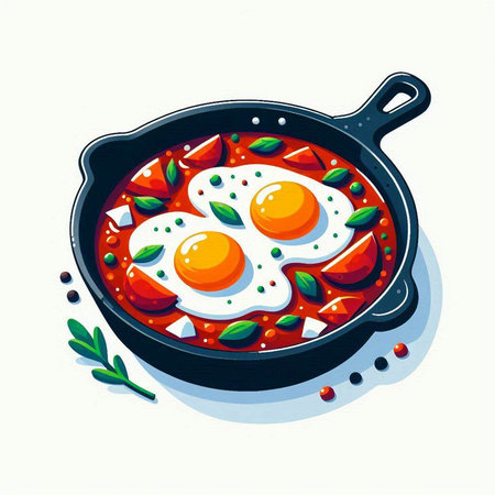Shakshuka. Fried eggs in a frying pan. Vector illustration.のイラスト素材