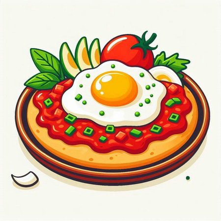 Vector illustration of fried egg with tomato sauce and avocado on plate.のイラスト素材