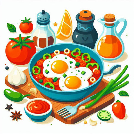 Fried eggs in a frying pan with vegetables and spices. Vector illustration.のイラスト素材