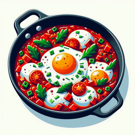 Fried eggs with tomatoes and parsley in a frying pan.のイラスト素材