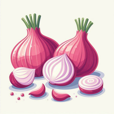 Illustration of fresh red onion on white background. Vector illustration.のイラスト素材