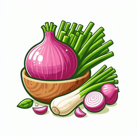 Illustration of fresh onion in wooden bowl on white background - vectorのイラスト素材