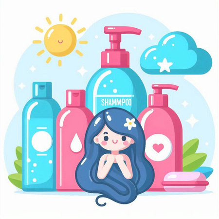 Cute little girl with blue hair and lotion bottles. Vector illustrationのイラスト素材