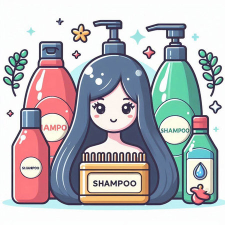 Cute cartoon girl with hair care products. Vector illustration. Beauty salon concept.のイラスト素材