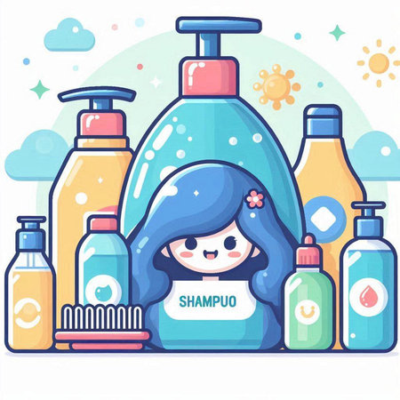 Illustration of a cute little girl with shampoo and lotion bottleのイラスト素材
