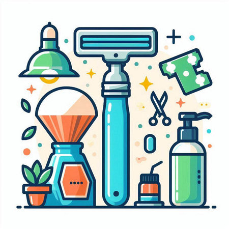 Vector illustration of shaving equipment in flat line style. Shaving accessories.のイラスト素材