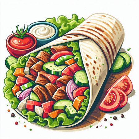 Tortilla wrap with meat, vegetables and sauce. Vector illustration.のイラスト素材