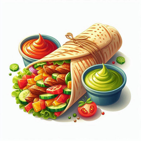 Tortilla wrap with fresh vegetables and sauce. Vector illustration.のイラスト素材