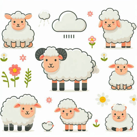 Sheep set. Cute cartoon animal character. Vector illustration.のイラスト素材