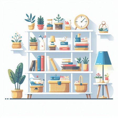 Bookshelf with books, potted plants and lamps. Vector illustration.のイラスト素材