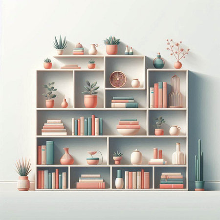 Bookshelf with books and vases. 3d illustration.のイラスト素材