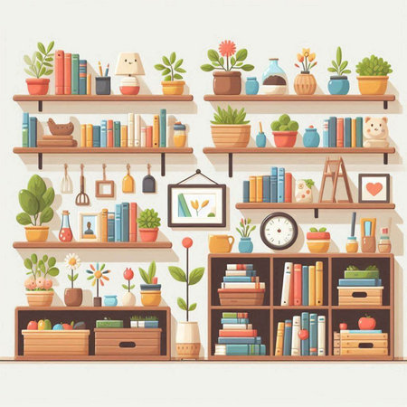 Bookshelf with books and plants. Flat design vector illustration.のイラスト素材