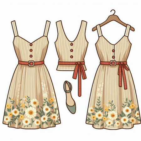 Set of vintage women's dresses with floral ornament. Vector illustration.のイラスト素材
