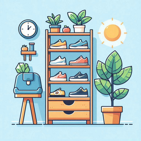 Vector illustration of a woman's shoe store in flat design style.のイラスト素材