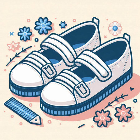 Vector illustration of sneakers and flowers on a light background. Doodle styleのイラスト素材
