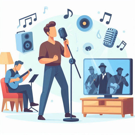 Man singing into microphone in living room vector illustration. Cartoon male character singing in living room.のイラスト素材