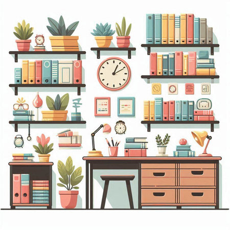 Vector illustration of a set of shelves with books and office supplies.のイラスト素材